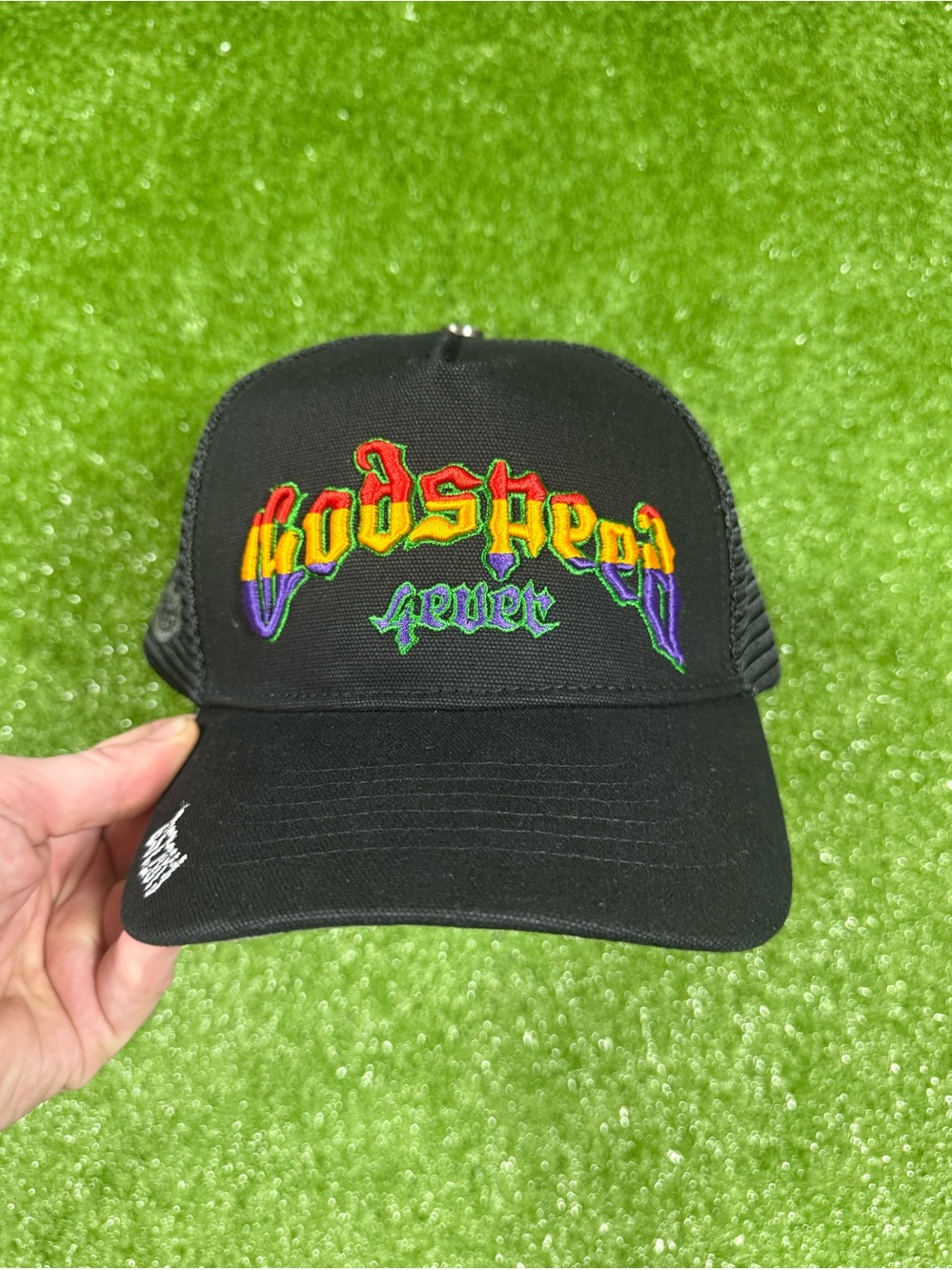 Godspeed Forever Black Rainbow Embroidered Trucker Hat Cap
